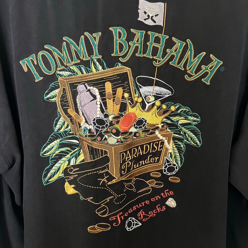Tommy Bahama Silk Paradise Plunder Black Camp Shirt Pirate Embroidered Coastal - Picture 5 of 13